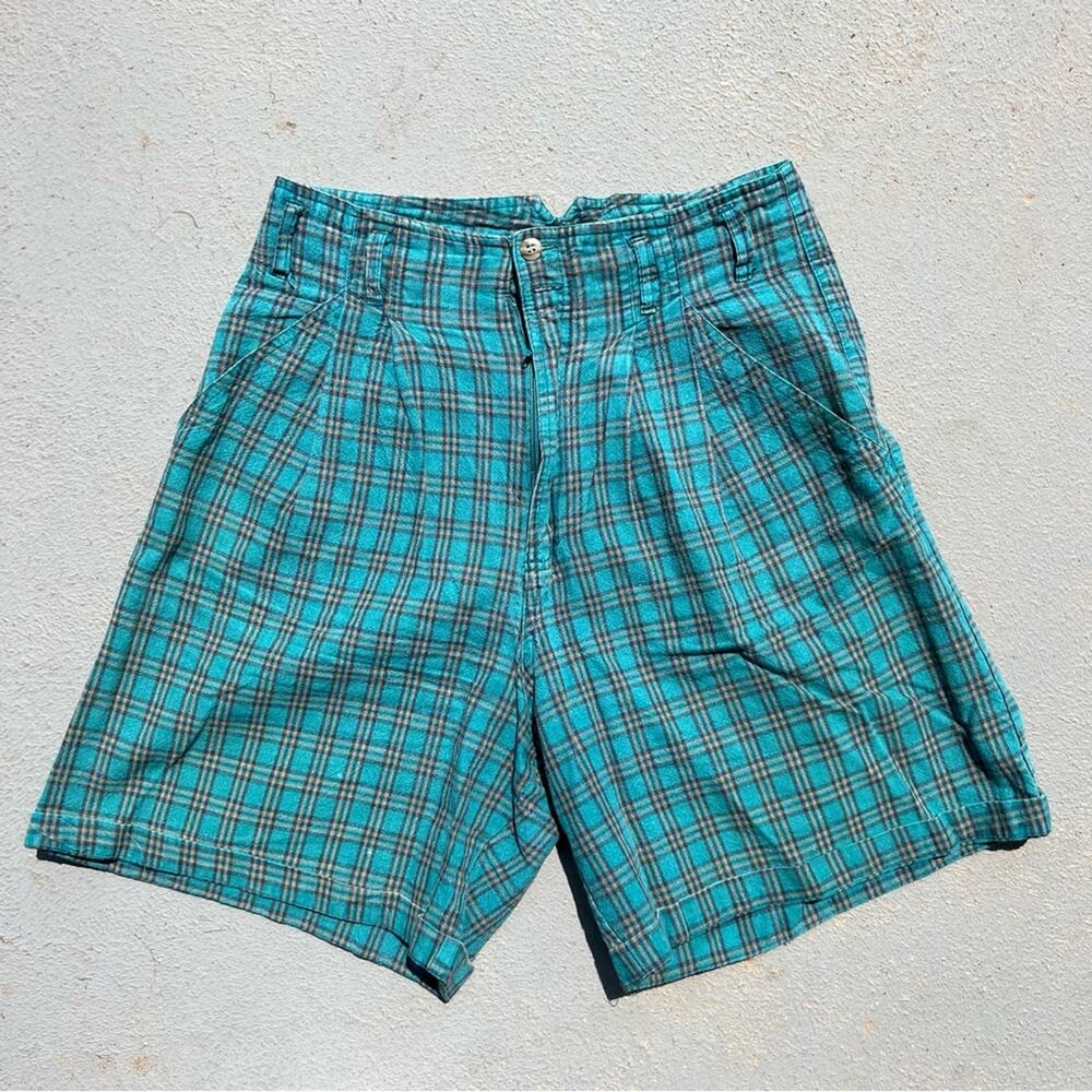 Vintage 90s honors green plaid high waist pleated mom shorts